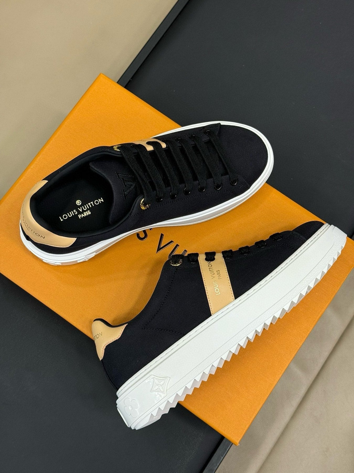 LV TIME OUT SNEAKER IN BLACK MIX MACAROON GOLD CANVAS