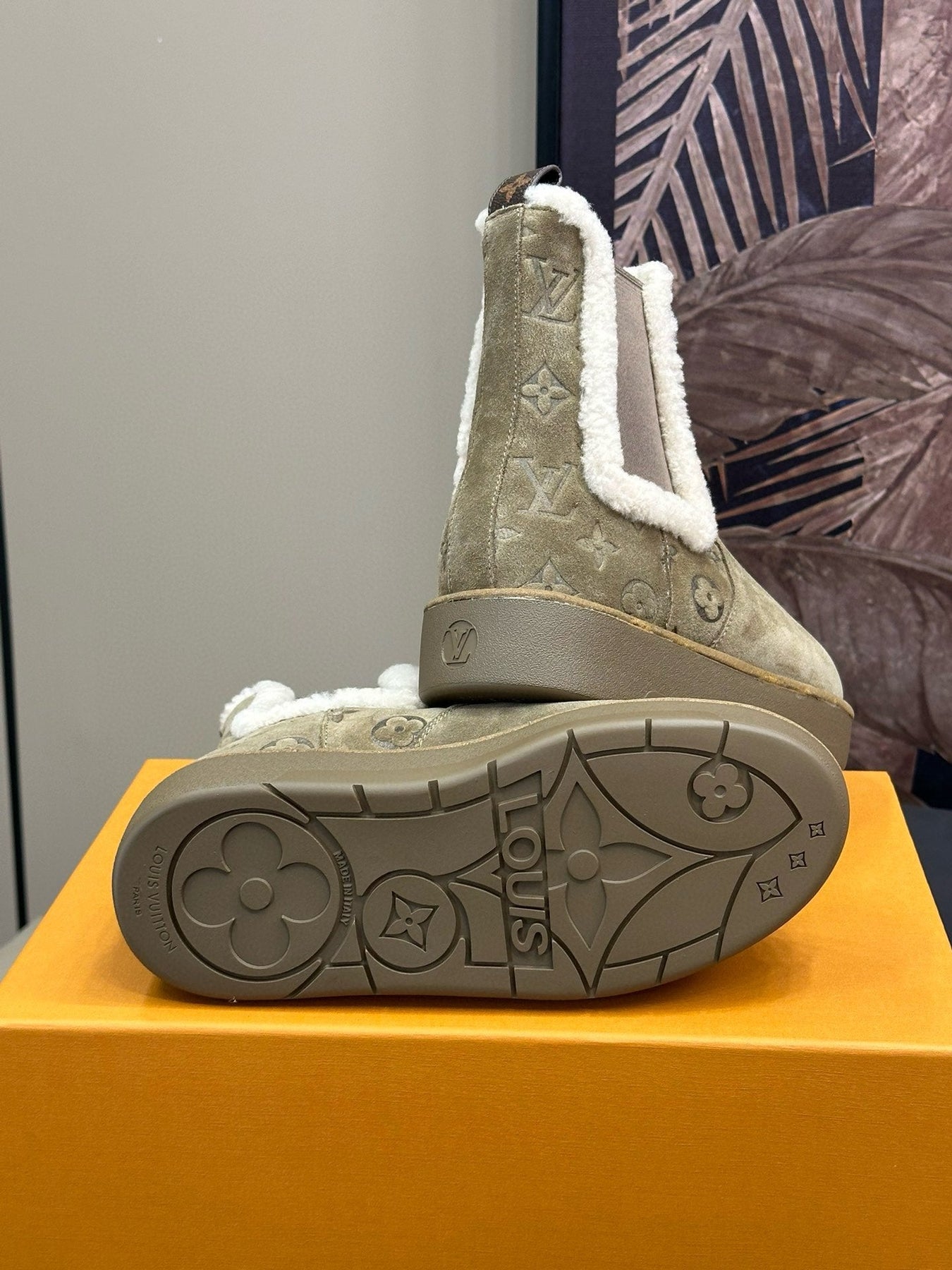 ASPEN CHELSEA ANKLE BOOTS IN ECRU BEIGE MONOGRAM-DEBOSSED SUEDE