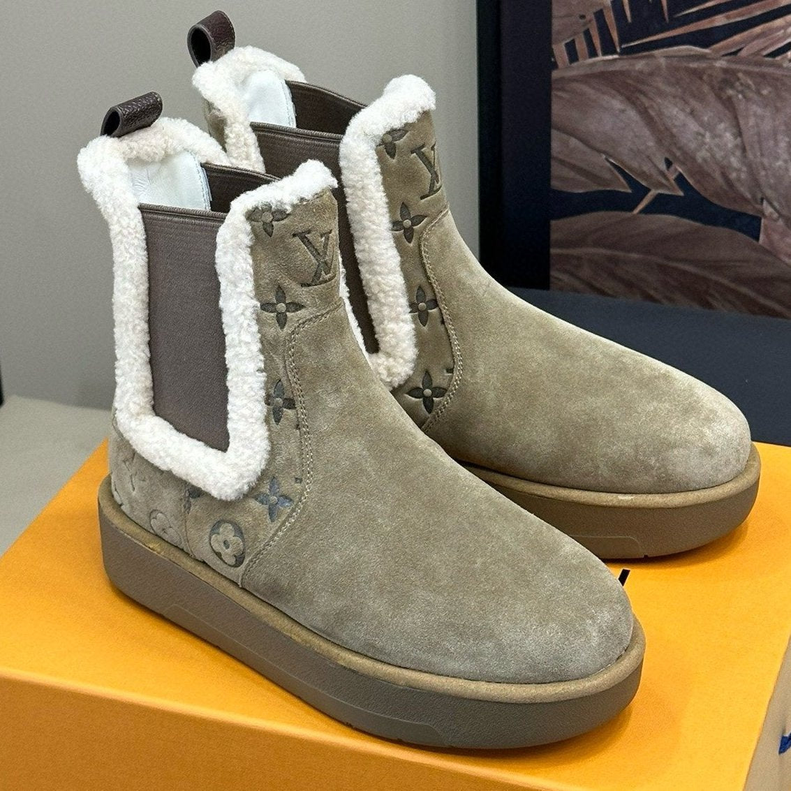 ASPEN CHELSEA ANKLE BOOTS IN ECRU BEIGE MONOGRAM-DEBOSSED SUEDE