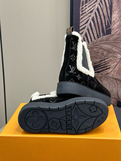 ASPEN CHELSEA ANKLE BOOTS IN BLACK MONOGRAM-DEBOSSED SUEDE