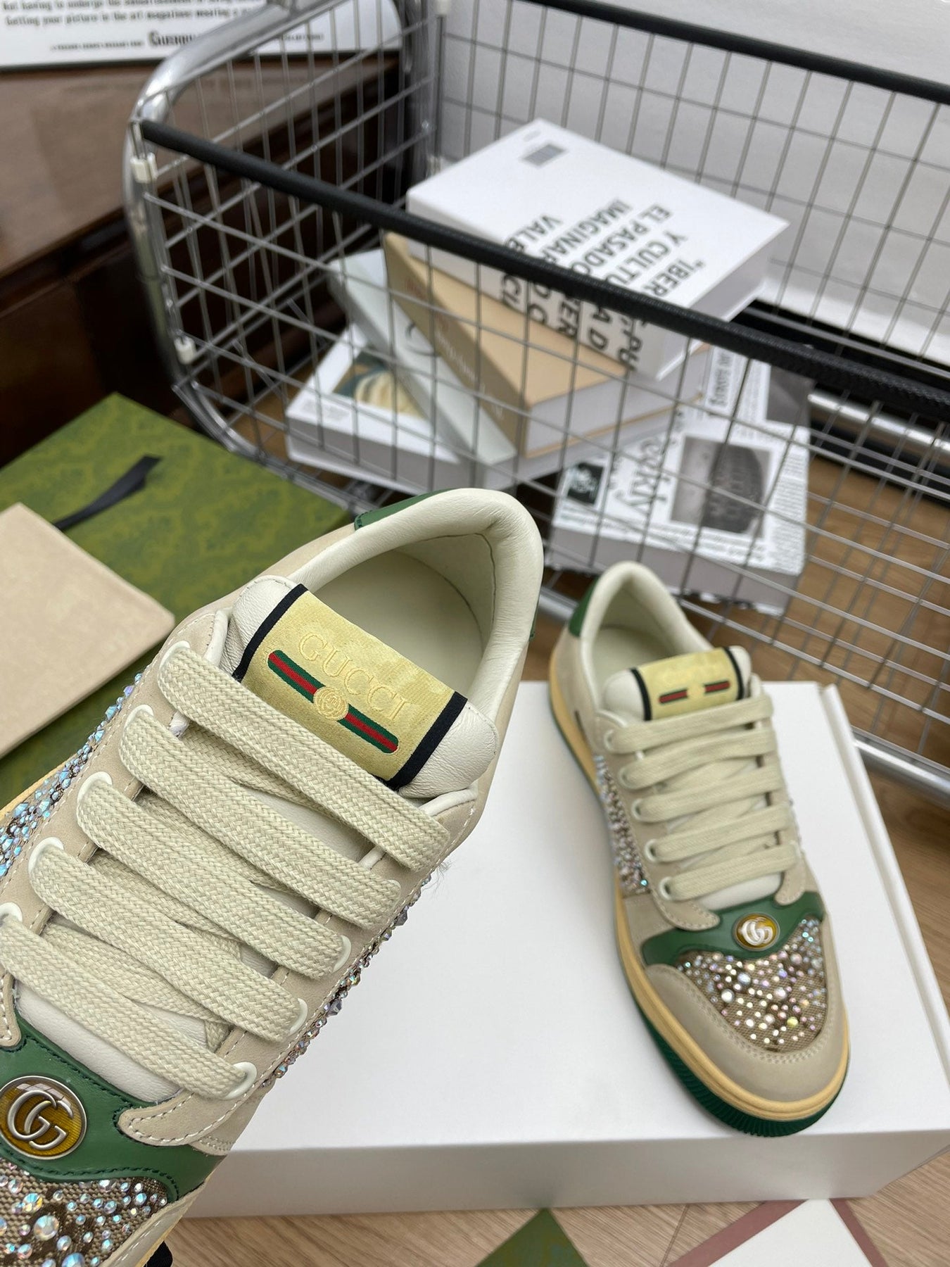 GG SNEAKER WITH DIAMOND IN IVORY SUEDE AND CANVAS