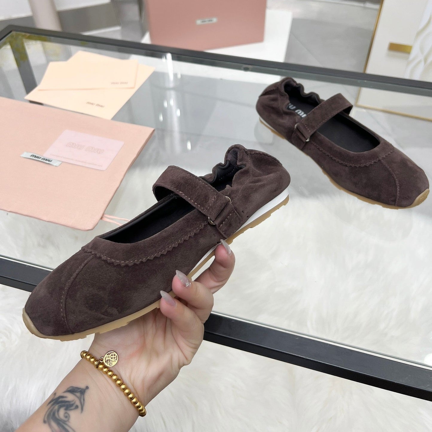 RUCHES NAPPA BALLERINAS IN DARK BROWN SUEDE