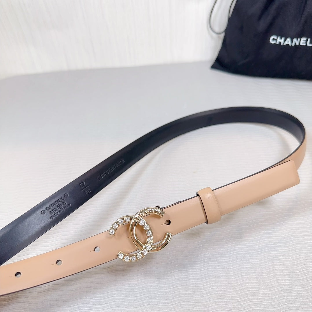 CC BELT 20 MM IN DESERT SAND SMOOTH CALFSKIN GOLD HARDWARE ATTACH RHINSTONE