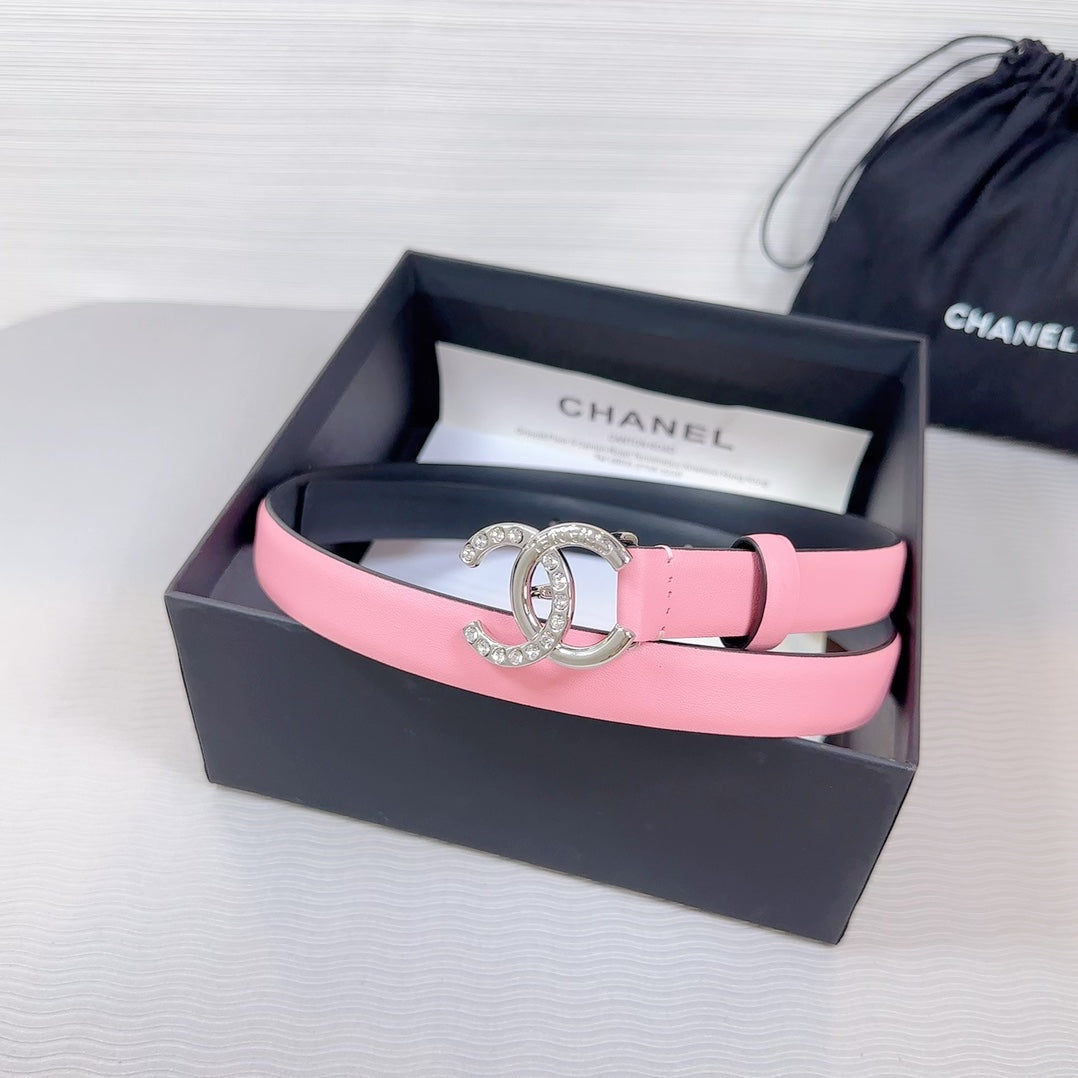 CC BELT 20 MM IN TAFFY PINK SMOOTH CALFSKIN SILVER HARDWARE ATTACH RHINSTONE
