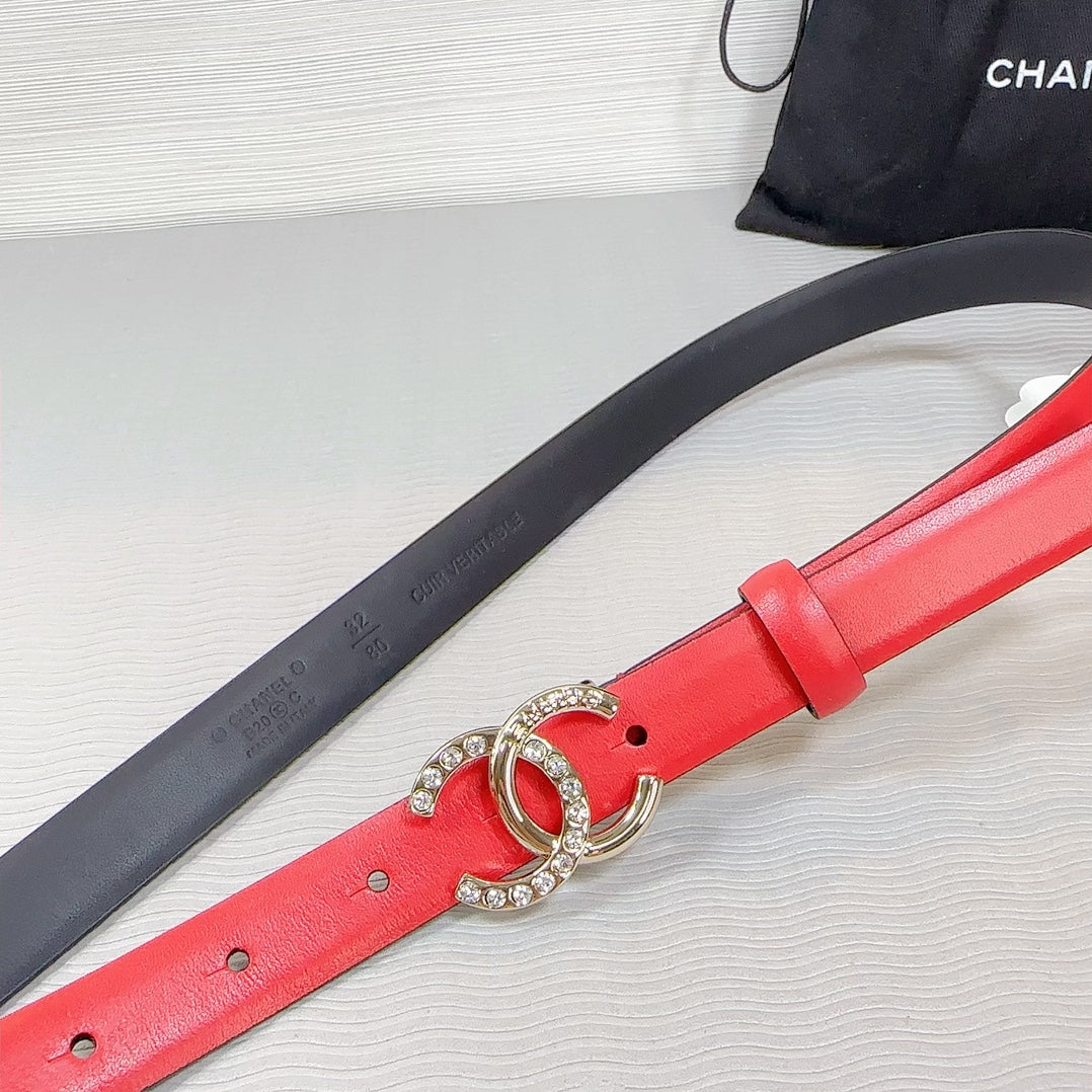 CC BELT 20 MM IN CRIMSON RED SMOOTH CALFSKIN GOLD HARDWARE ATTACH RHINSTONE