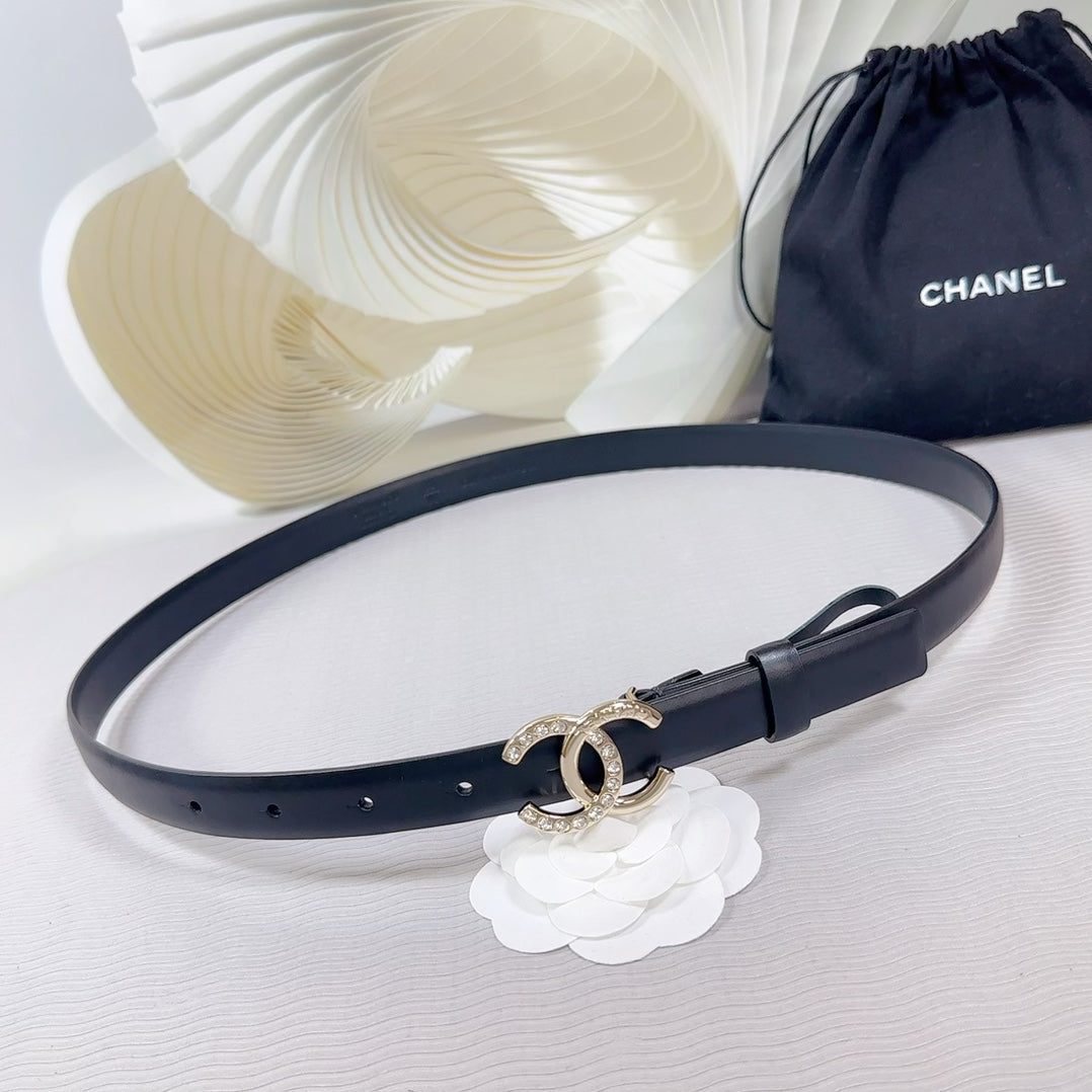 CC BELT 20 MM IN BLACK SMOOTH CALFSKIN GOLD HARDWARE ATTACH RHINSTONE