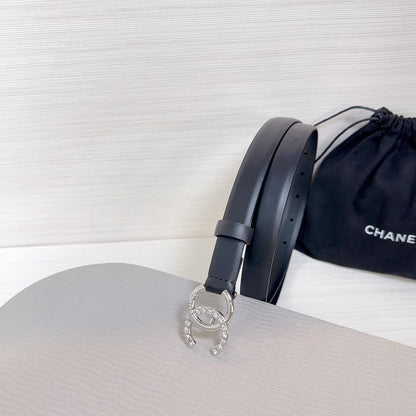 CC BELT 20 MM IN BLACK SMOOTH CALFSKIN SILVER HARDWARE ATTACH RHINSTONE