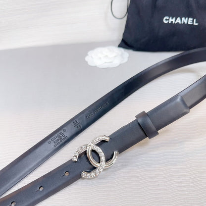 CC BELT 20 MM IN BLACK SMOOTH CALFSKIN SILVER HARDWARE ATTACH RHINSTONE