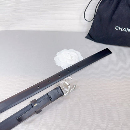 CC BELT 20 MM IN BLACK SMOOTH CALFSKIN SILVER HARDWARE ATTACH RHINSTONE