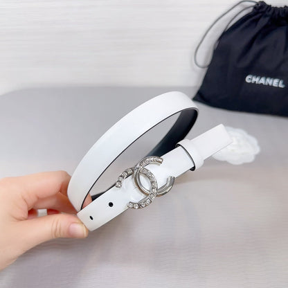 CC BELT 20 MM IN WHITE SMOOTH CALFSKIN SILVER HARDWARE ATTACH RHINSTONE