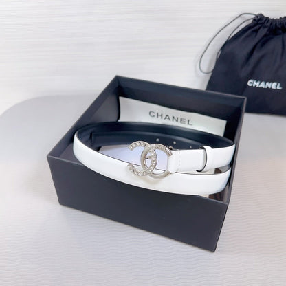 CC BELT 20 MM IN WHITE SMOOTH CALFSKIN SILVER HARDWARE ATTACH RHINSTONE