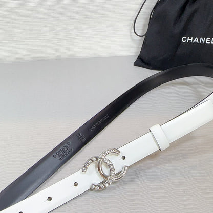 CC BELT 20 MM IN WHITE SMOOTH CALFSKIN SILVER HARDWARE ATTACH RHINSTONE