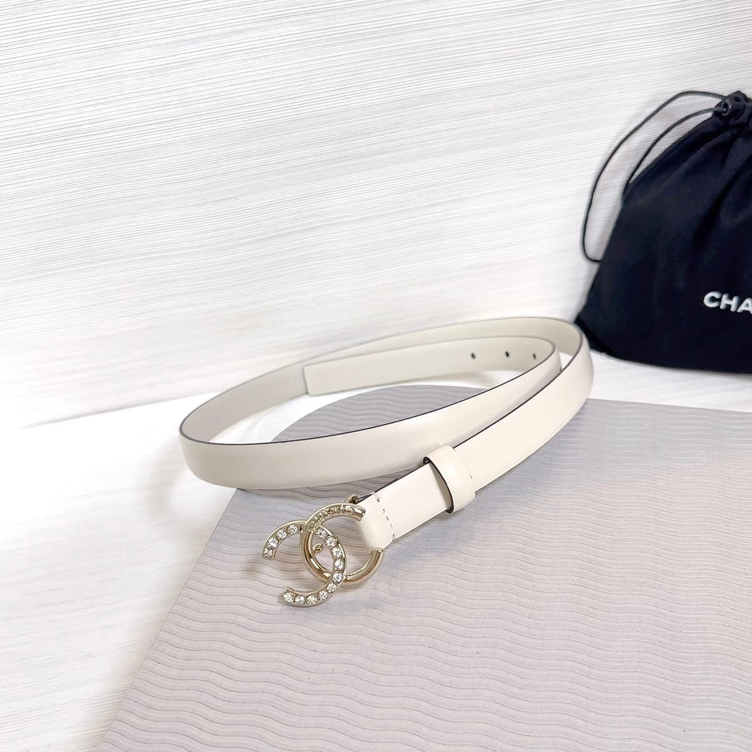 CC BELT 20 MM IN BEIGE CREAM SMOOTH CALFSKIN GOLD HARDWARE ATTACH RHINSTONE