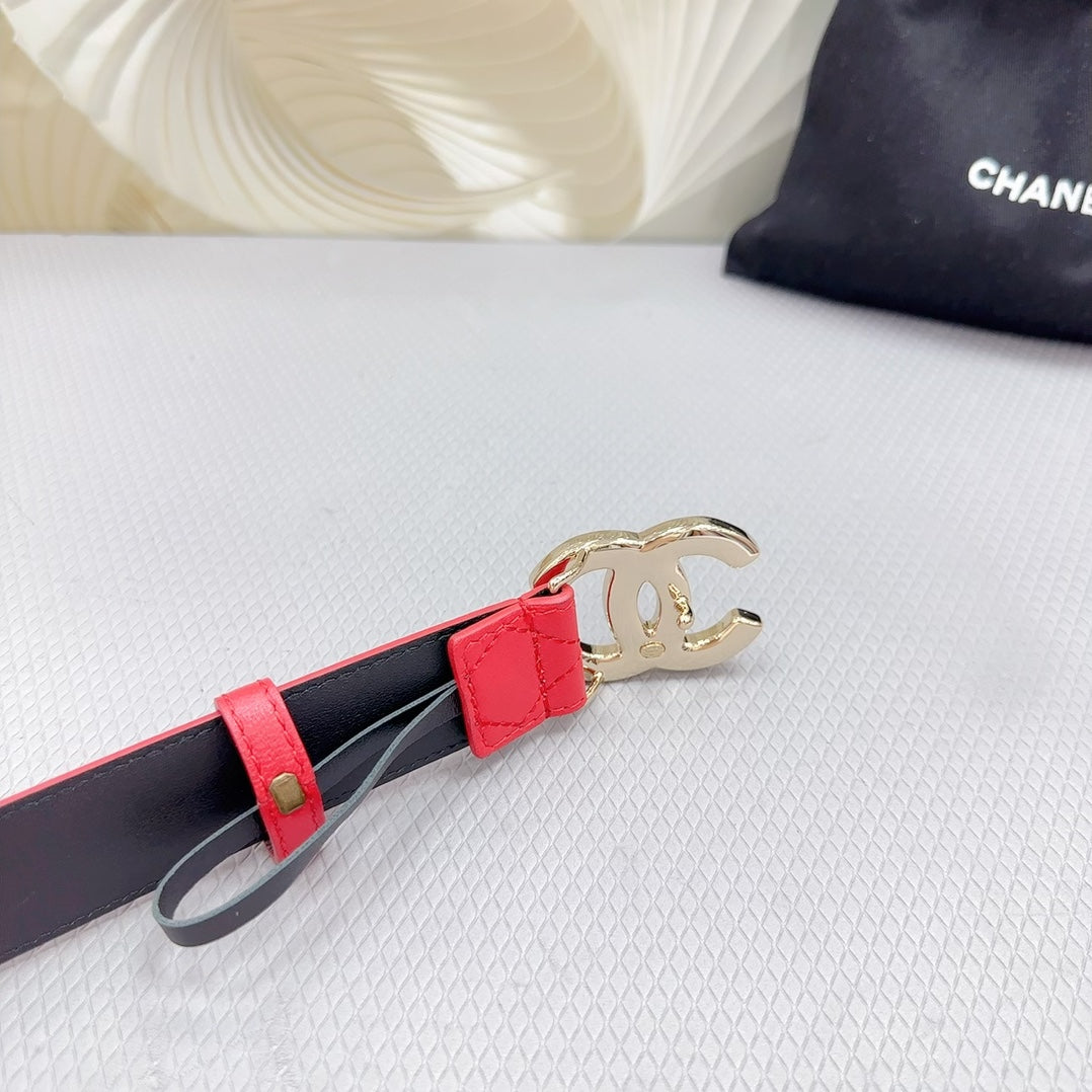 CC BELT 30 MM CHERRY RED CALFSKIN WITH BLACK MIX WHITE LOGO