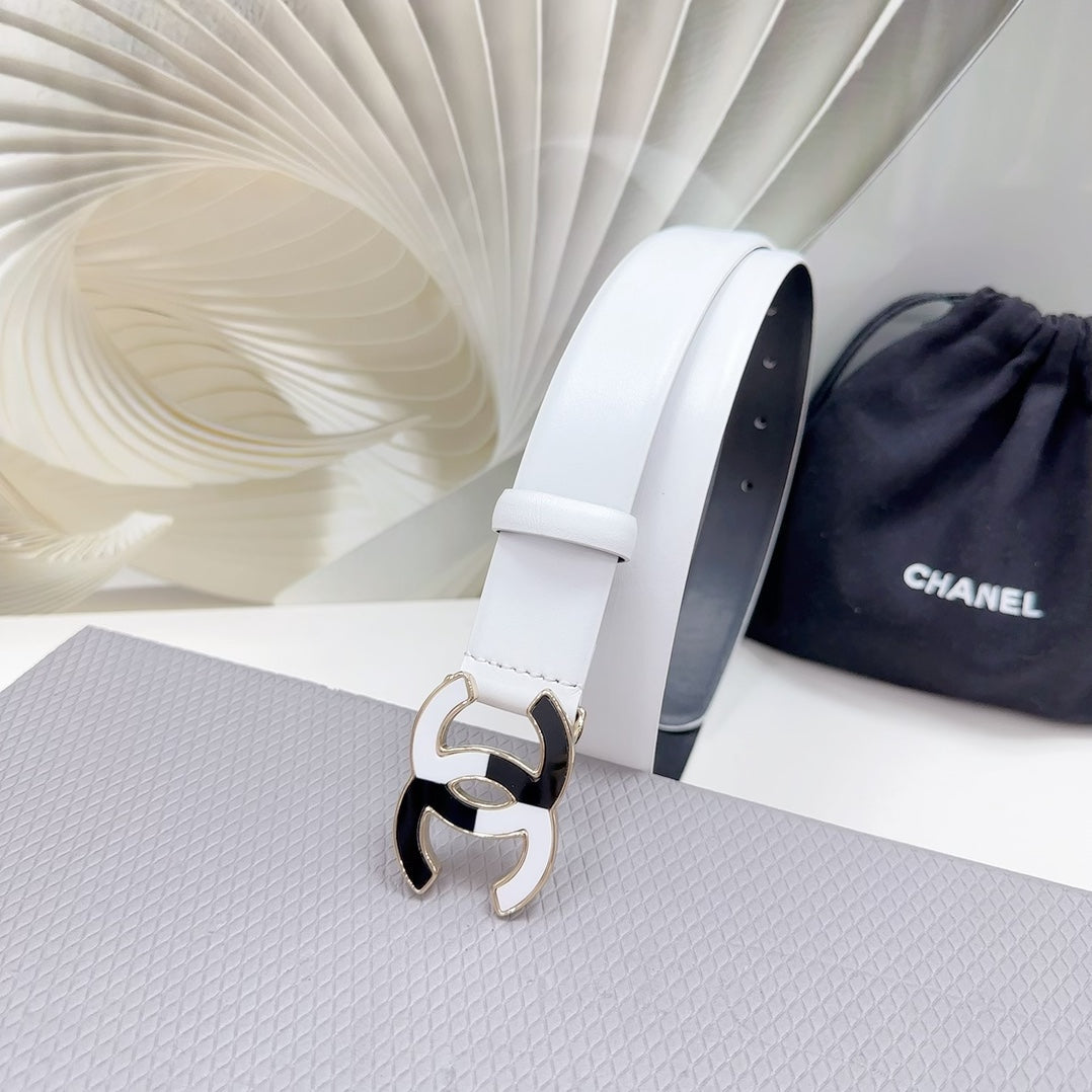 CC BELT 30 MM BLACK MIX WHITE CALFSKIN WITH METAL LOGO