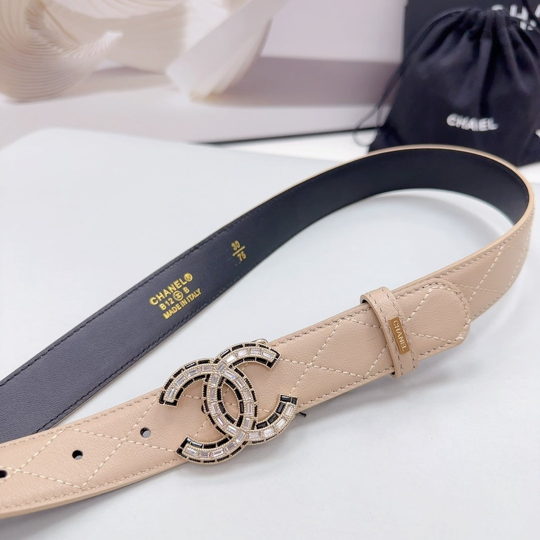 CC 30MM BELT IN BEIGE CREAM EMBROIDERED CALFSKIN METAL HARDWARE