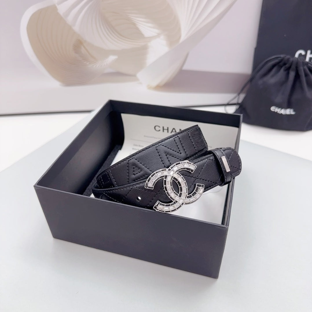 CC 30MM BELT IN BLACK EMBROIDERED CALFSKIN SILVER HARDWARE