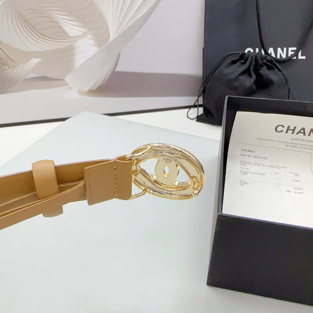 CC 30MM BELT IN CAMEL BEIGE CALFSKIN SILVER HARDWARE ATTACH PEARLS