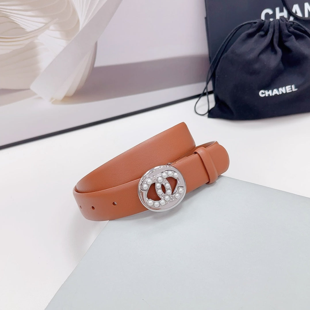 CC 30MM BELT IN ALLOY ORANGE CALFSKIN SILVER HARDWARE ATTACH PEARLS