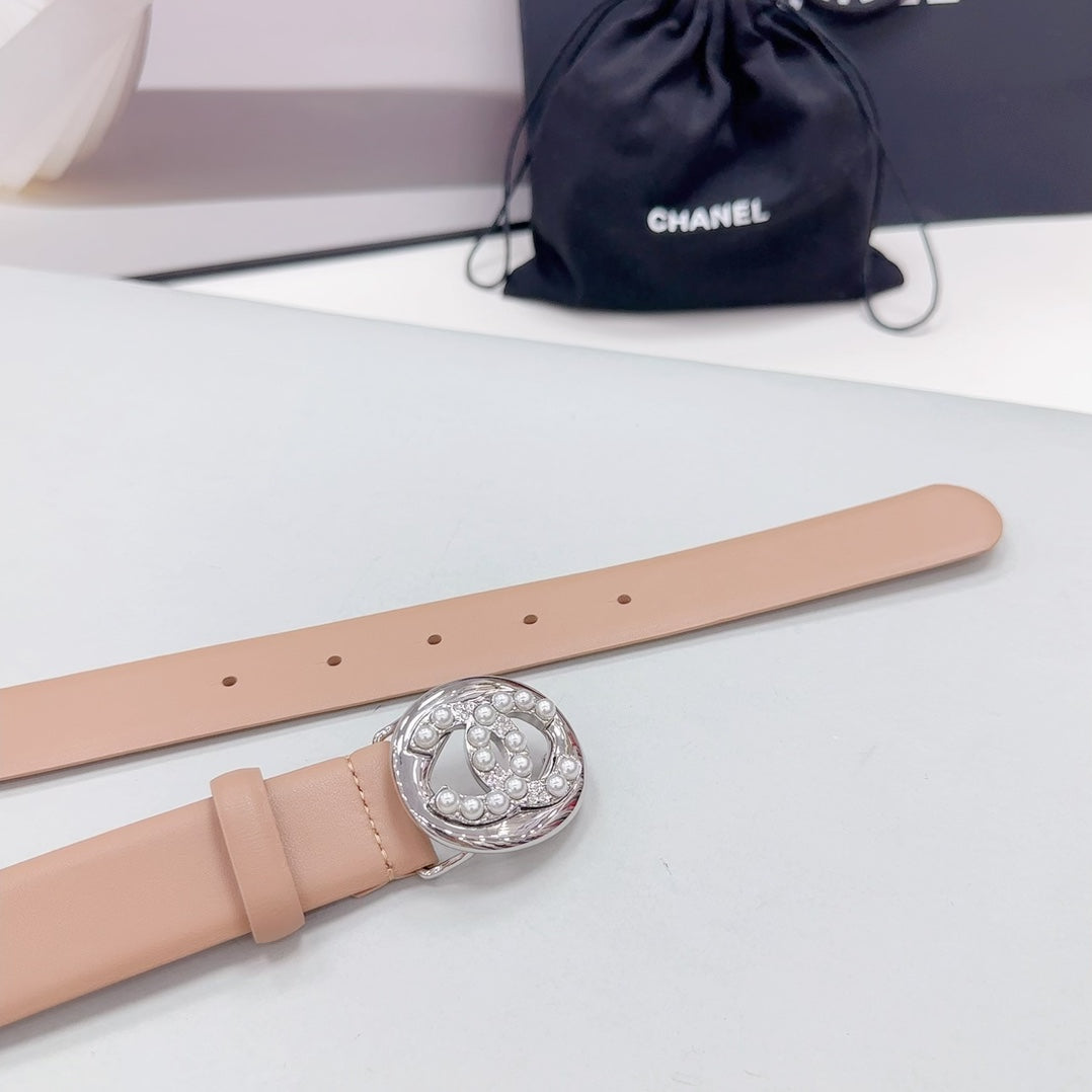 CC 30MM BELT IN DESERT SAND CALFSKIN SILVER HARDWARE ATTACH PEARLS