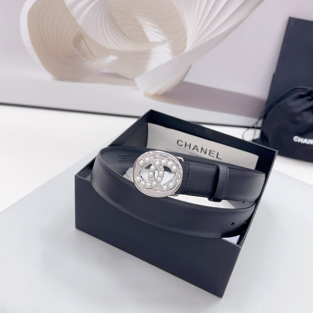 CC 30MM BELT IN BLACK CALFSKIN SILVER HARDWARE ATTACH PEARLS