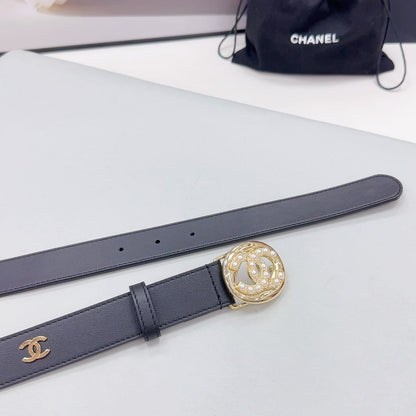 CC 30MM BELT IN BLACK CALFSKIN GOLD HARDWARE ATTACH PEARLS