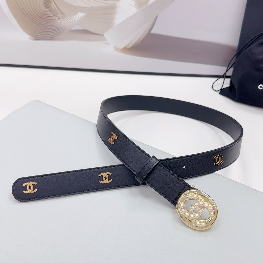 CC 30MM BELT IN BLACK CALFSKIN GOLD HARDWARE ATTACH PEARLS