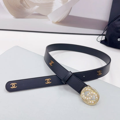 CC 30MM BELT IN BLACK CALFSKIN GOLD HARDWARE ATTACH PEARLS