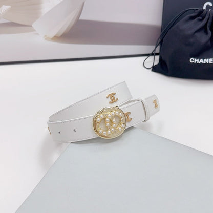 CC 30MM BELT IN WHITE CALFSKIN GOLD HARDWARE ATTACH PEARLS