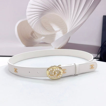 CC 30MM BELT IN WHITE CALFSKIN GOLD HARDWARE ATTACH PEARLS