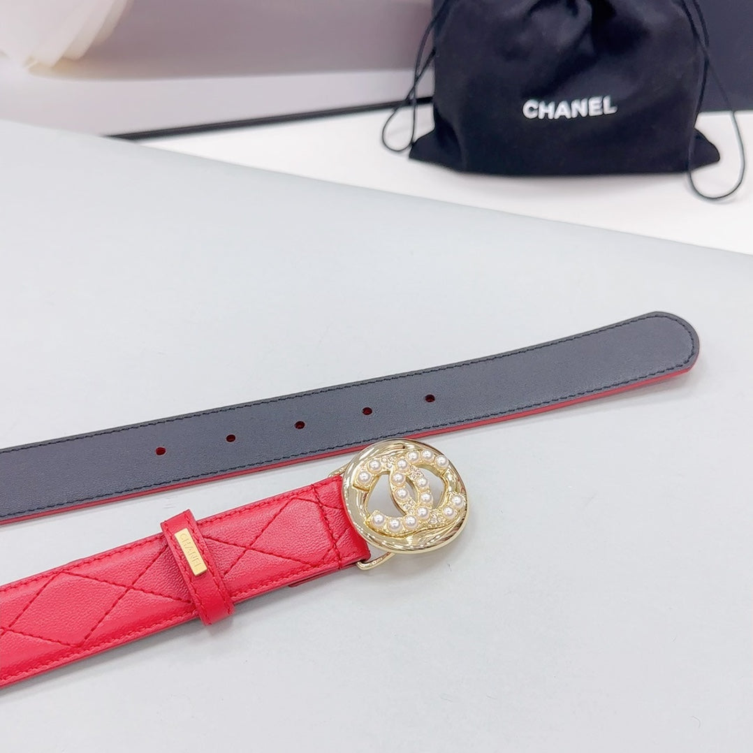 CC 30MM BELT IN CHERRY RED CALFSKIN GOLD HARDWARE ATTACH PEARLS