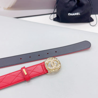 CC 30MM BELT IN CHERRY RED CALFSKIN GOLD HARDWARE ATTACH PEARLS
