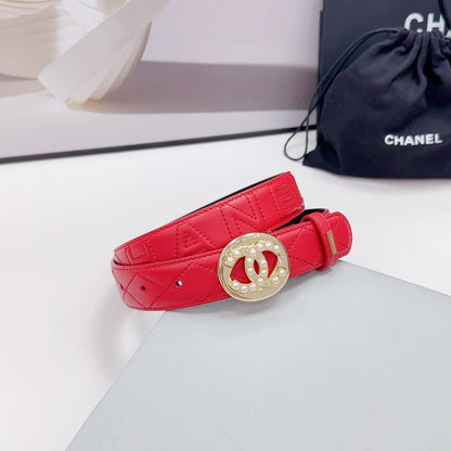 CC 30MM BELT IN CHERRY RED CALFSKIN GOLD HARDWARE ATTACH PEARLS