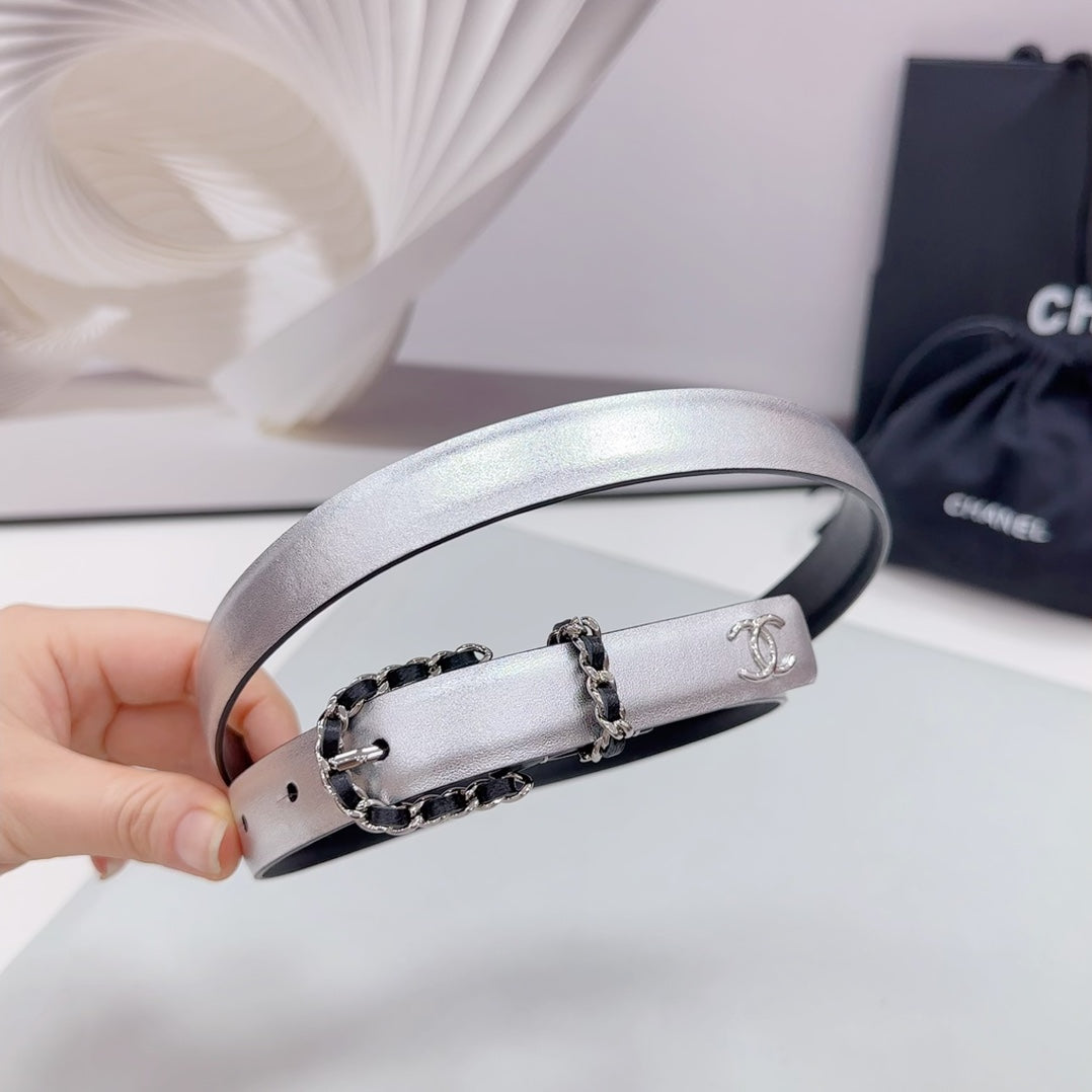 CC BELT 20 MM IN SILVER MIX BLACK CALFSKIN SILVER HARDWARE