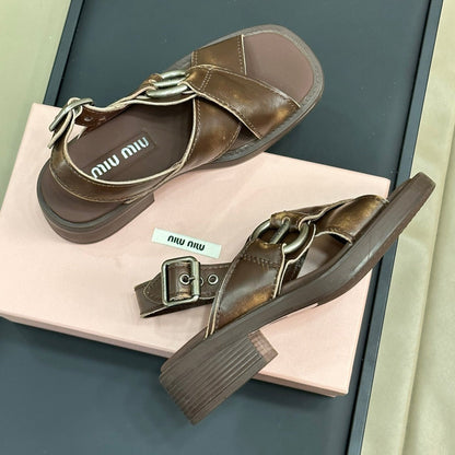Sandals Chocolate Color Retro Sheepskin With Cross - Straps