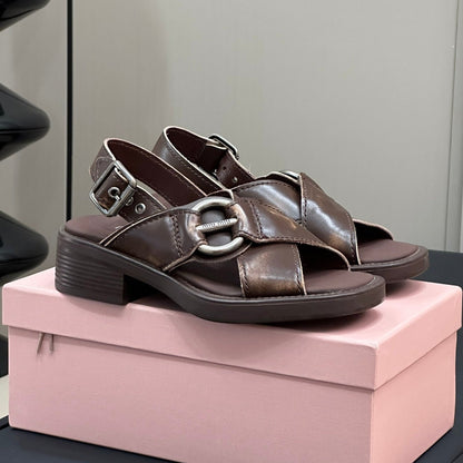 Sandals Chocolate Color Retro Sheepskin With Cross - Straps