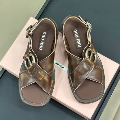 Sandals Chocolate Color Retro Sheepskin With Cross - Straps