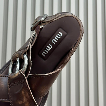 Sandals Chocolate Color Retro Sheepskin With Cross - Straps