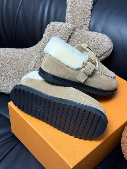 COLORADO COMFORT MARY JANE IN KHAKI BROWN SUEDE AND SHEARLING LINING