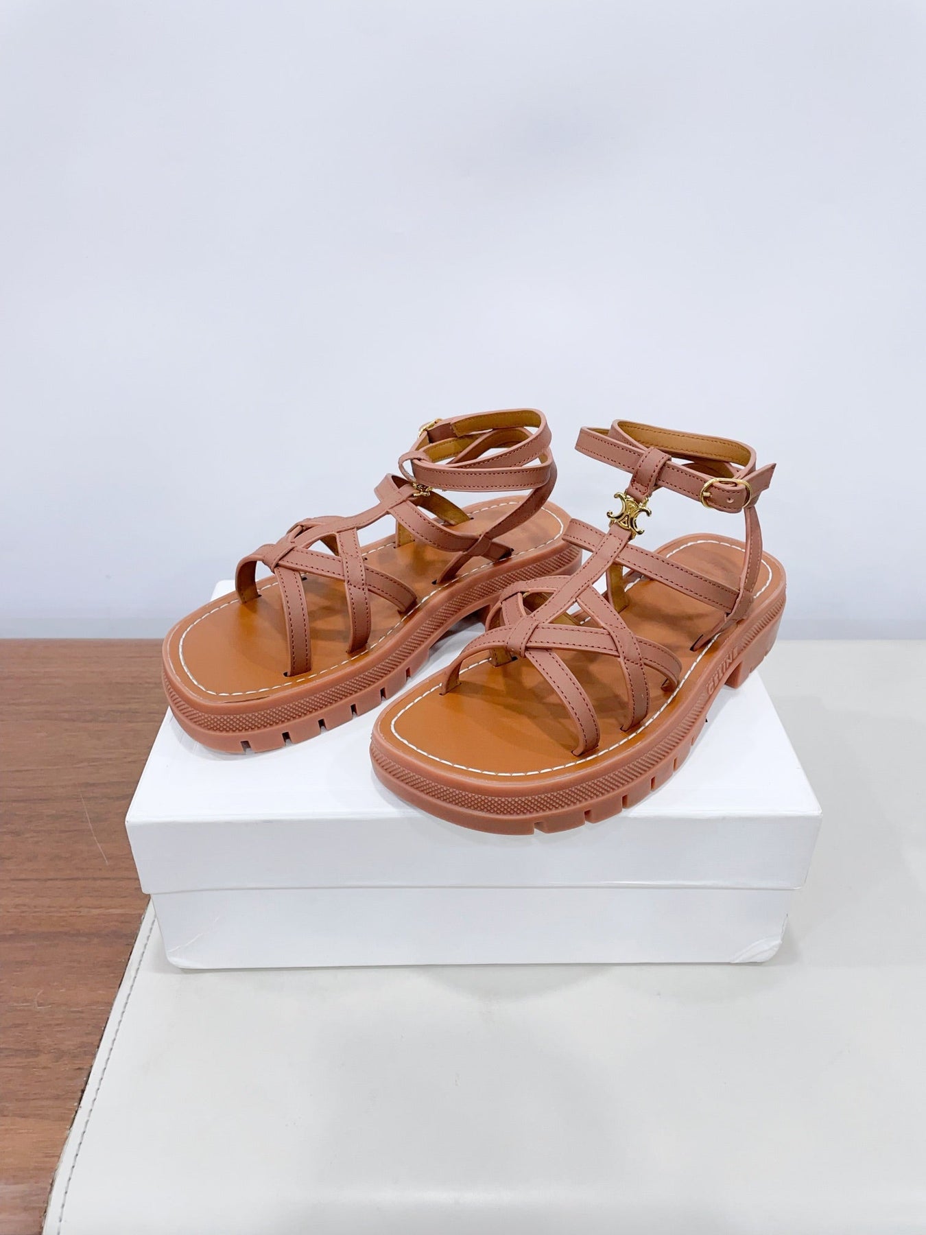 CLEA TRIOMPHE STRAPPY SANDAL IN BRONZE BROWN CALFSKIN