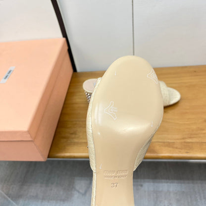 JEWELLED HEEL 55 MULE SANDALS IN PALE YELLOW CALFSKIN