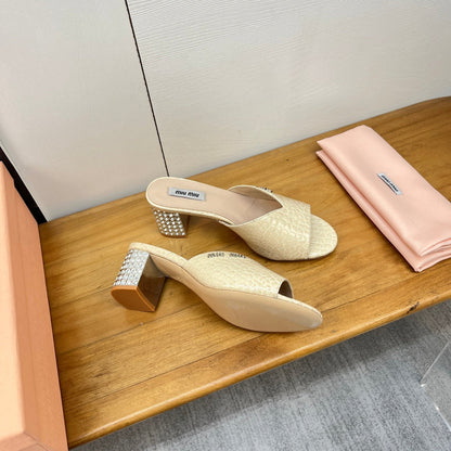 JEWELLED HEEL 55 MULE SANDALS IN PALE YELLOW CALFSKIN