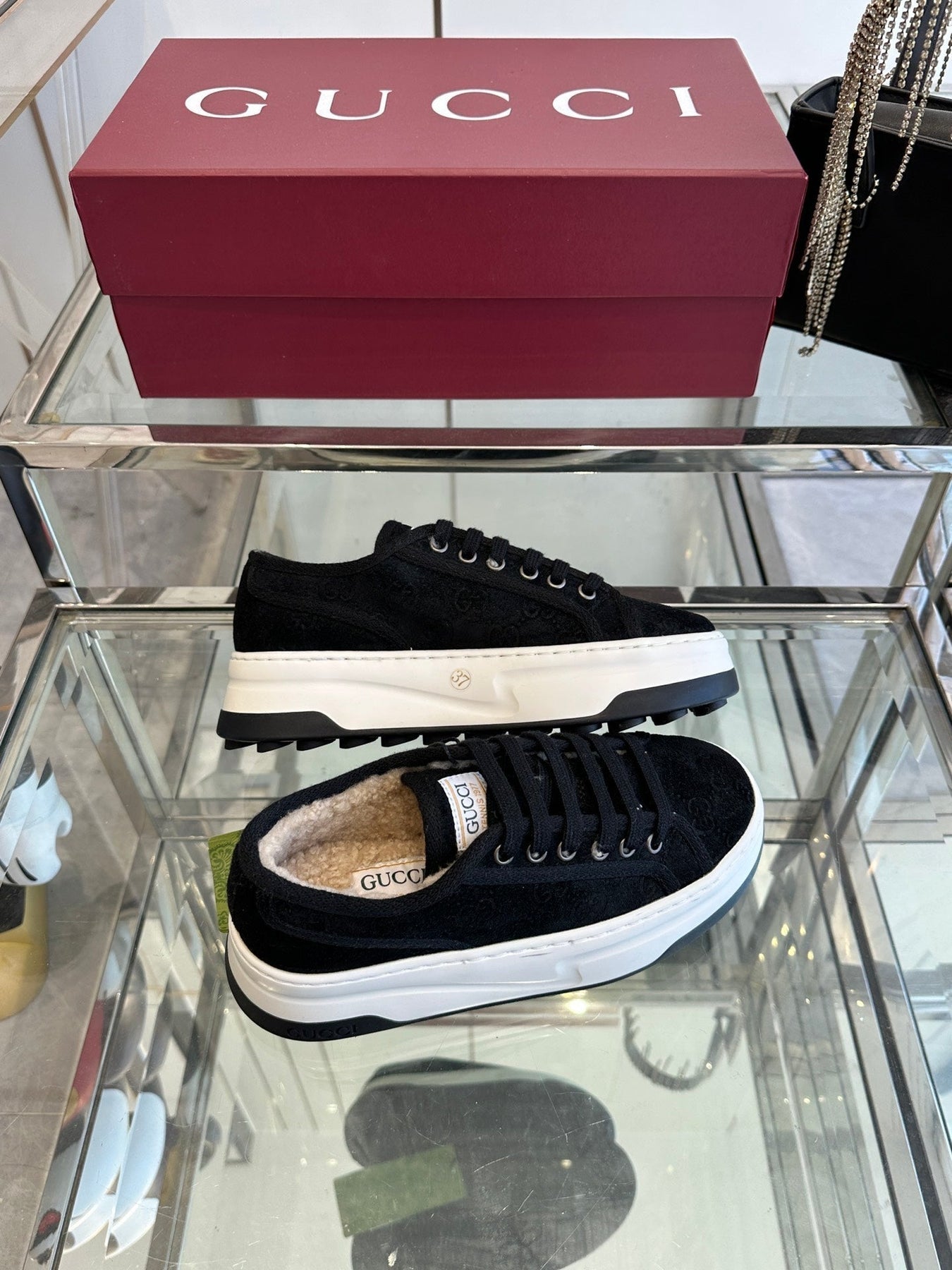 GG SNEAKER IN BLACK CANVAS WITH BEIGE FLEECE LINING