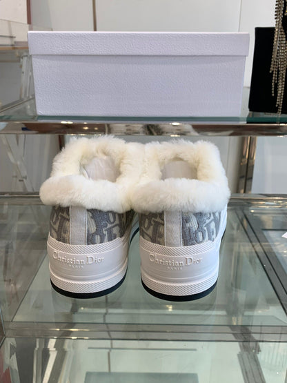 ALK'N PLATFORM SNEAKER PALE GRAY COTTON EMBROIDERED WITH OBLIQUE MOTIF AND WHITE SHEARLING