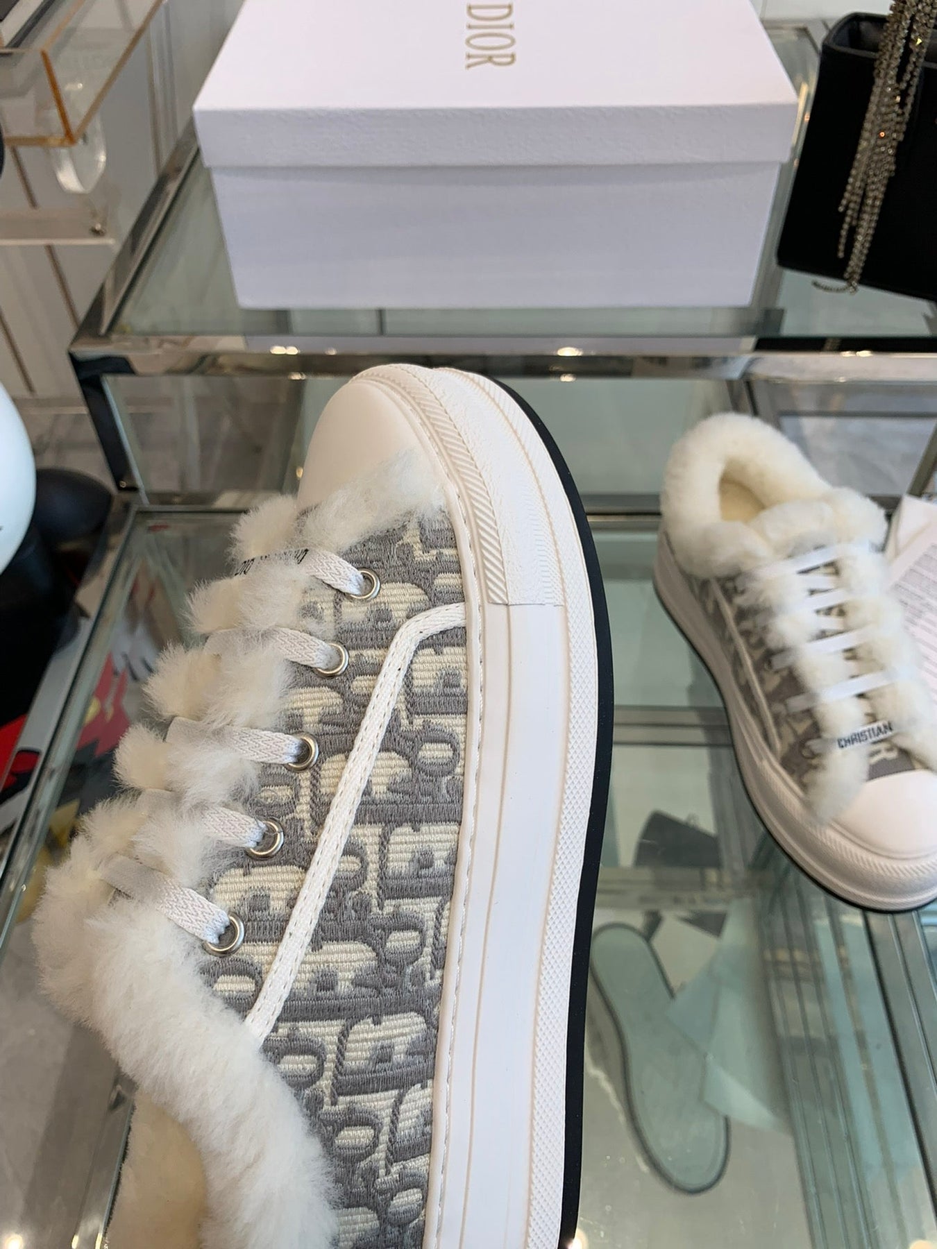 ALK'N PLATFORM SNEAKER PALE GRAY COTTON EMBROIDERED WITH OBLIQUE MOTIF AND WHITE SHEARLING