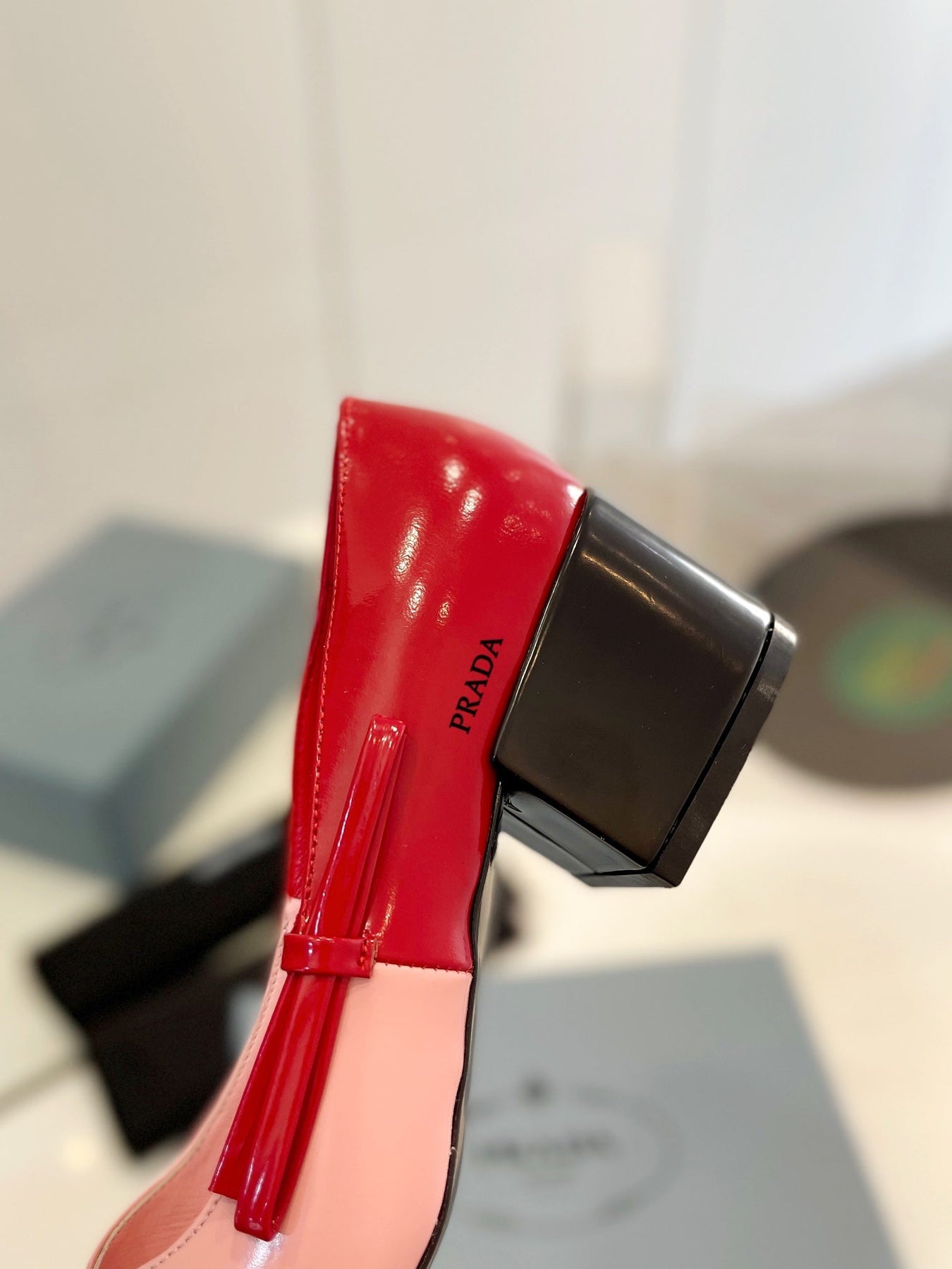 PRA MID - HEELS RED AND LIGHT PINK LAMBSKIN WITH BOW