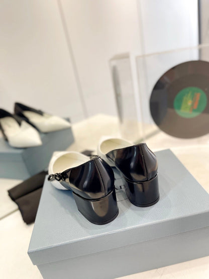 PRA MID - HEELS WHITE AND BLACK LAMBSKIN WITH BOW