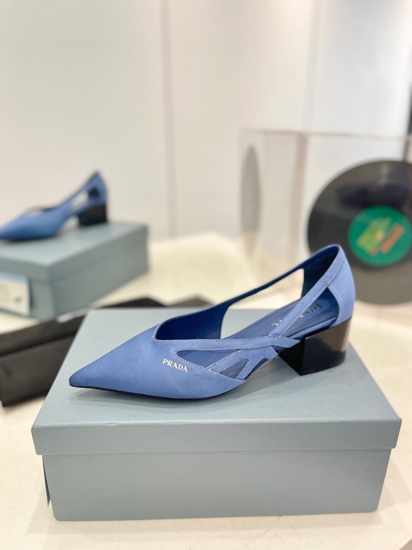 PRA STRAP CUT-OUT PUMPS CERULEAN SATIN