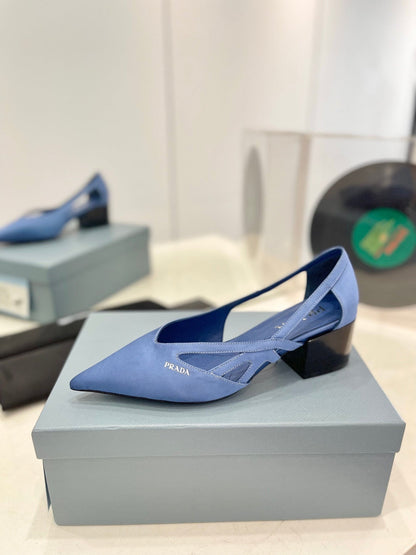PRA STRAP CUT-OUT PUMPS CERULEAN SATIN