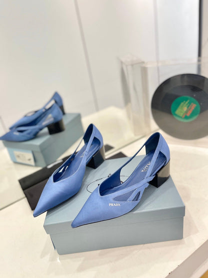 PRA STRAP CUT-OUT PUMPS CERULEAN SATIN